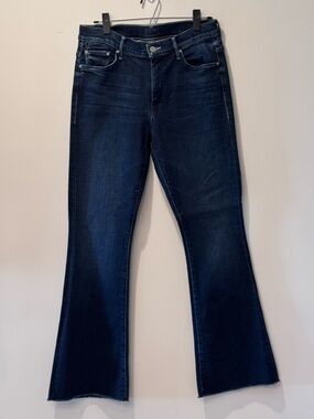 The Weekender Fray Jeans Dark Wash Mid-Rise  Flare Raw Hem